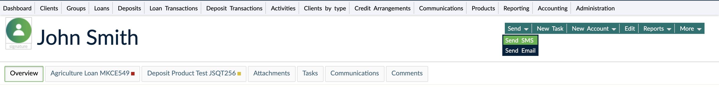 Send SMS option in client profile